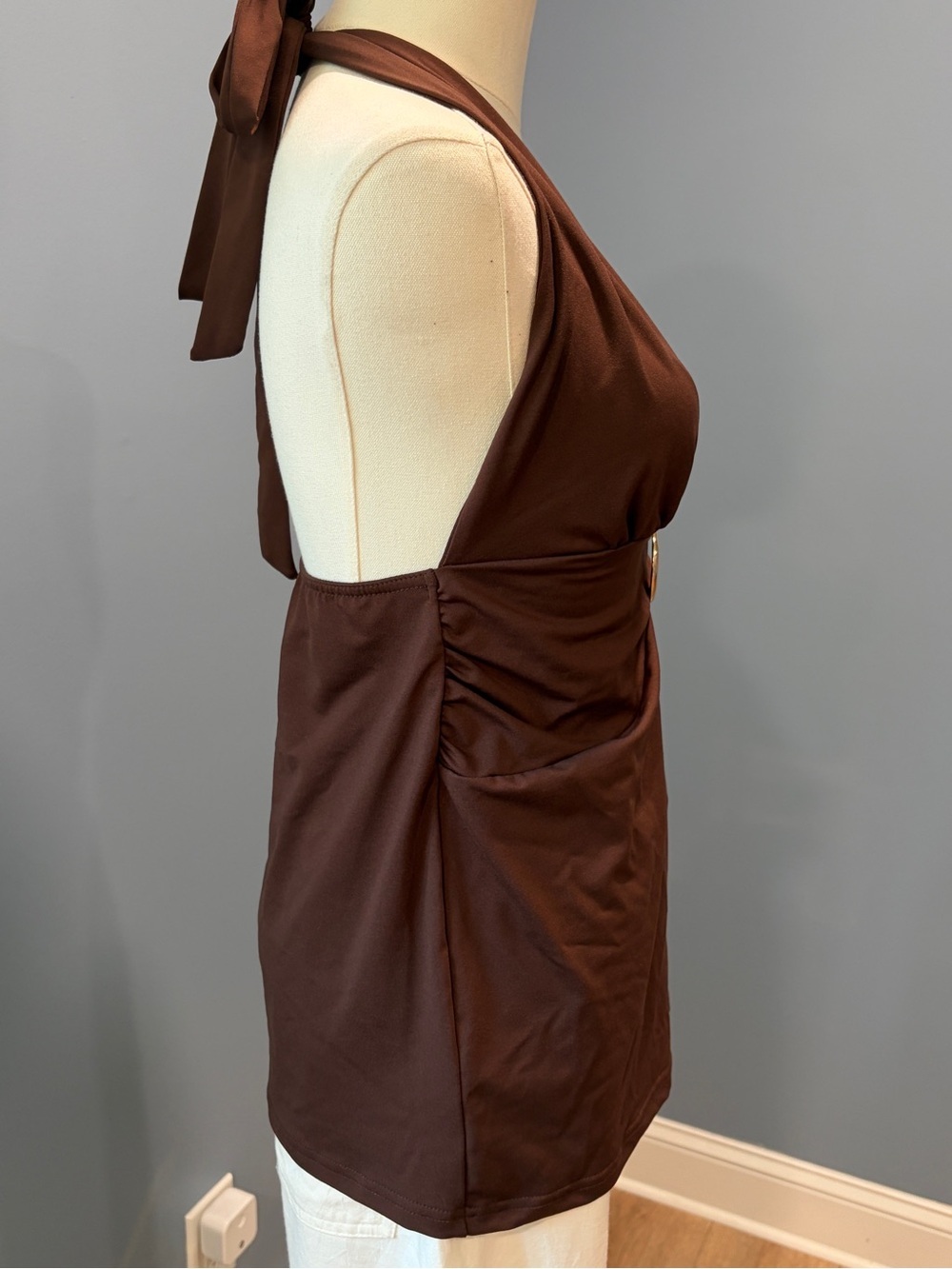 Y2K Brown Halter Going Out Top Small Gold Ring Stretch Clubwear 2000s - Picture 4 of 6